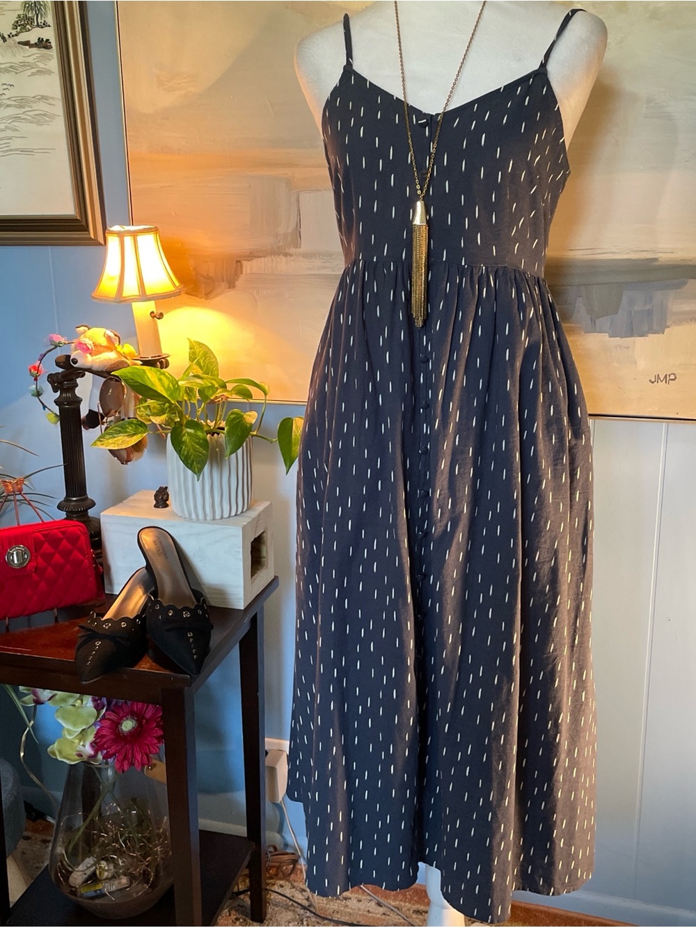 Universal Thread Navy and White Midi Dress with Thin Straps